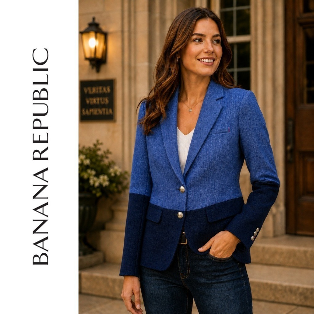 Banana Republic, Blue Herringbone Colorblock Wool Blazer Size 2